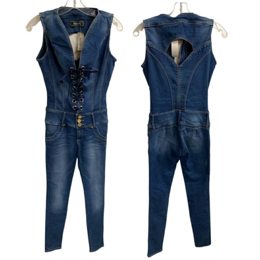 Ivonne Chic Blue Lace-Up Denim Jumpsuit Size S